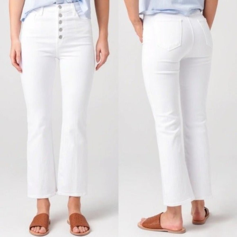 J Brand Lillie Blanc High-Rise Crop Flare White Button Fly Jeans 28
